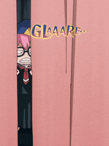 a cartoon character is peeking out from behind a pink curtain and the word glaare is visible