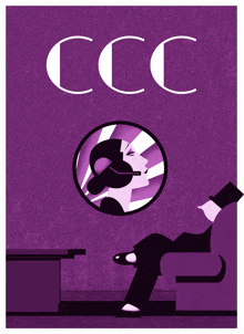 a purple ccc poster with a woman in a mirror