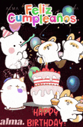 a happy birthday greeting card with a cake and balloons