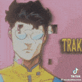 a drawing of a man with glasses and the word trak