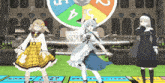 three anime girls are standing in front of a colorful spinning wheel with the number 5 on it