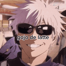 a cartoon character wearing sunglasses with the words gojo de latte on his face