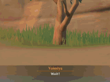 a screenshot of a video game shows a character saying " yoimiya wait "