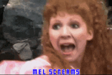 a close up of a woman 's face with mel screams written in blue letters