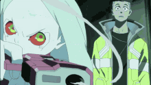 a man in a yellow jacket is standing next to a girl with white hair and red eyes