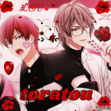 a picture of two anime characters with the name toratou in red letters