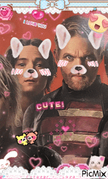 a picture of a man and a woman with bunny ears on their faces and the words i love you cute