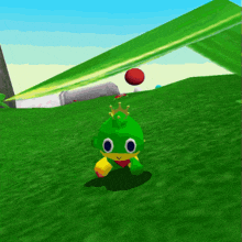 a green frog with a crown on its head is standing in a grassy field