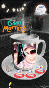 a cup of coffee with a picture of a woman on it and the words good morning