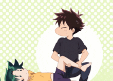 a cartoon of a boy stretching another boy 's leg with a polka dot background