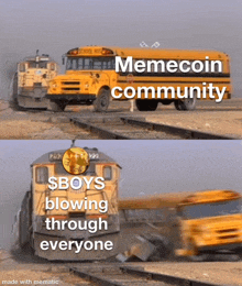 a meme coin community with a picture of a school bus blowing through everyone