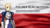 a girl in armor stands in front of a flag that says " polska gurom "