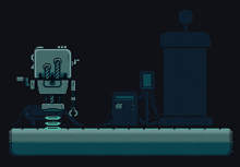 a pixel art drawing of a robot next to a container with a skull on it