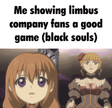 a picture of a girl with the words me showing limbus company fans a good game black souls