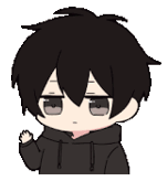 a cartoon boy with black hair is wearing a black hoodie and giving a fist bump .