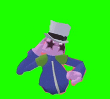 a cartoon character wearing a top hat and sunglasses is standing on a green screen .