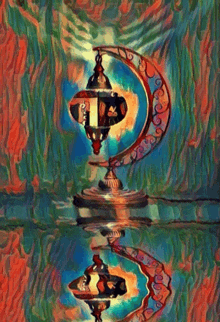 a painting of a lamp with a crescent moon shaped base