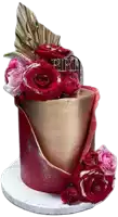 a red and gold birthday cake with red roses and a birthday topper