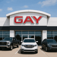 three gmc cars are parked in front of the gay dealership