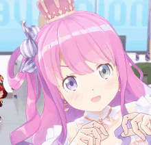a pink haired anime girl with a crown on her head is smiling