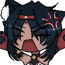 a pixel art drawing of a girl with a dog ear covering her face and making an angry face .