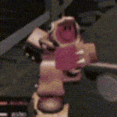 a pixelated image of a robot with its mouth open holding a red object .