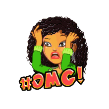 a cartoon drawing of a woman with curly hair and the words # omg