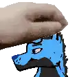 a hand is holding a blue dog 's head in a pixel art style .