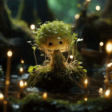 a doll with roots and leaves is surrounded by lit candles