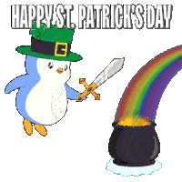 a penguin in a leprechaun hat is holding a sword and a pot of gold