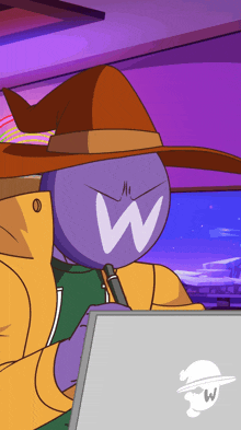 a cartoon character wearing a witch hat with the letter w on his face
