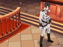 a man in a white uniform is holding a sword in front of a red railing