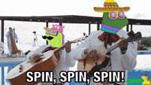 a cartoon of two mariachi players with the words spin spin spin on the bottom