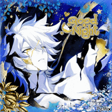 a picture of a boy with white hair and the words good night