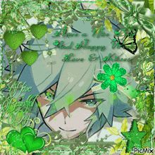 a picture of a boy with green hair and the words have a nice and happy love and kisses