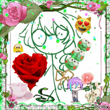 a picture of a girl surrounded by flowers and smiley faces has the word picmix at the bottom