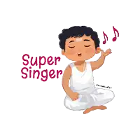 a cartoon drawing of a boy singing with the words super singer behind him