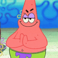 patrick star from spongebob squarepants is smiling with his arms crossed and looking angry .