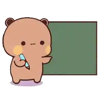 a teddy bear is holding a pen and pointing at a blackboard .