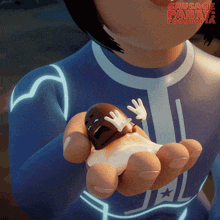 a cartoon character is holding a sausage with a face on it