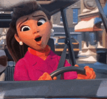 a cartoon character is sitting in a car with her mouth open .