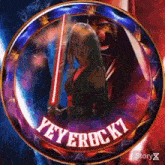 a woman is holding a red light saber in a circle that says " yeyerock "