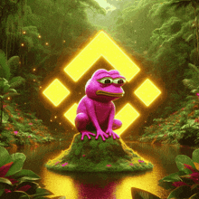 a pink frog is sitting on a rock in front of a yellow square