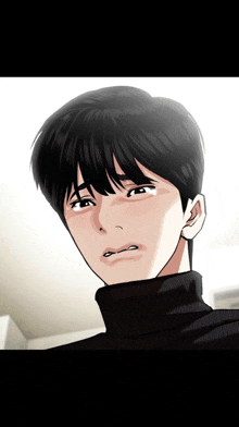 a close up of a person 's face with a black turtleneck