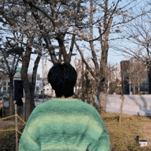 a man in a green sweater is standing in front of trees