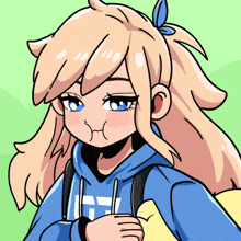 a girl with blonde hair and blue eyes is wearing a blue hoodie with a t on it