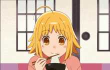 a girl with yellow hair is holding a bowl and chopsticks