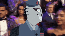 a cartoon character stands in front of a crowd of people and says fifa tv on the bottom left