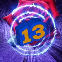 a blue block with the number 13 on it is surrounded by a purple rose