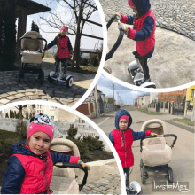a girl in a pink jacket is pushing a stroller while riding a segway
